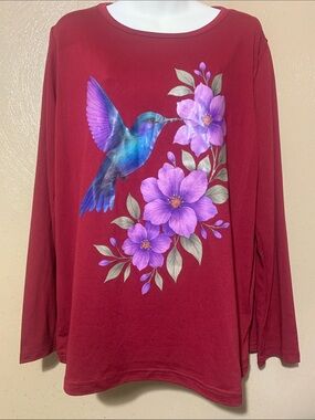 Burgundy Long-Sleeve Top with Hummingbird & Purple Floral Print